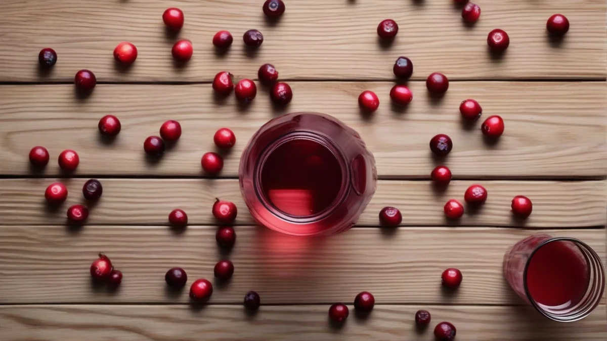 small glass filled halfway with deep red cranberry juice on wooden table