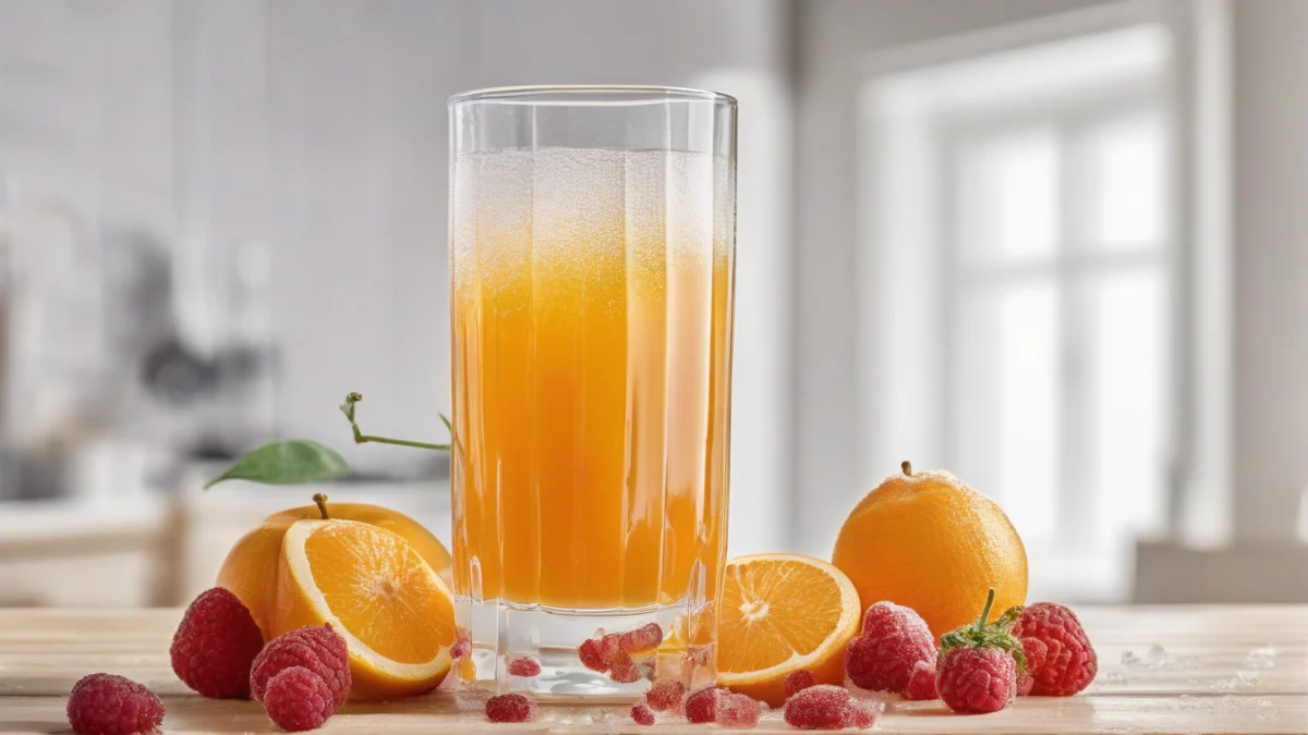 a clear glass filled with bright orange commercial fruit juice with visible sugar crystals beside it
