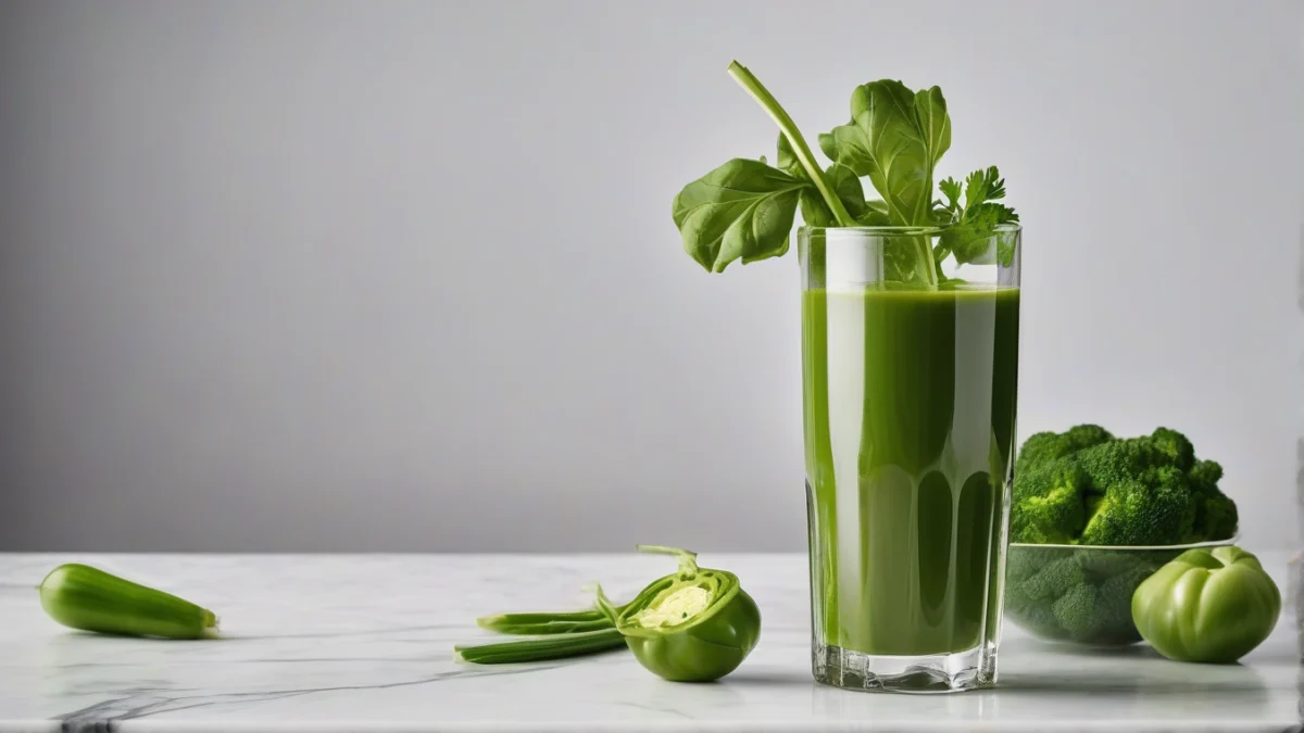 a clear glass filled with vibrant green vegetable juice surrounded by fresh leafy greens and celery stalks