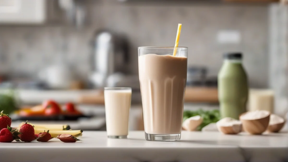 a clear glass filled with a creamy protein shake on a kitchen counter