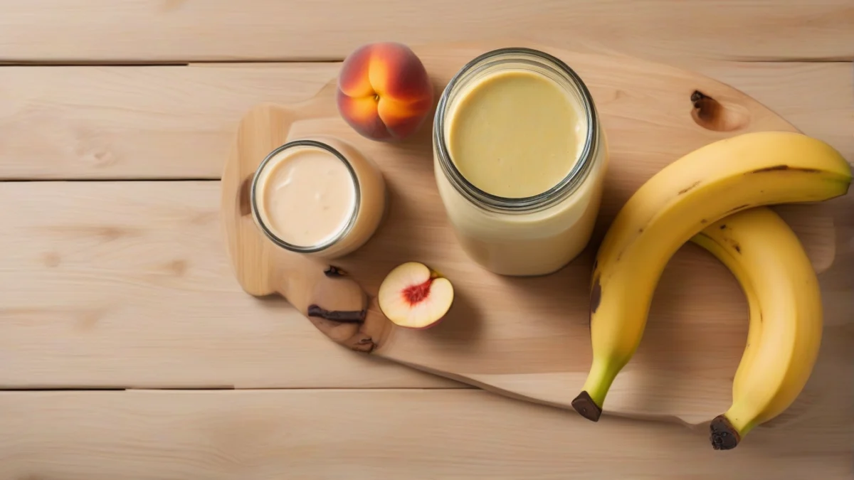 a clear glass filled with creamy banana and peach smoothie on a wooden table