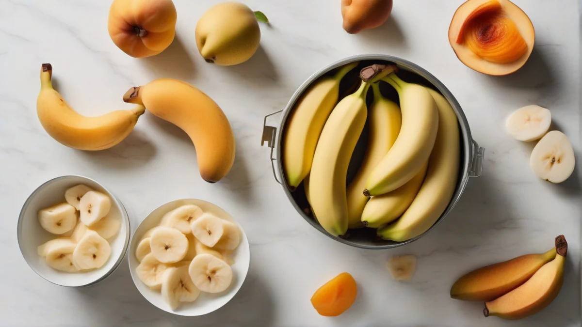 a bowl containing peeled bananas, peeled pears, and canned peaches without syrup