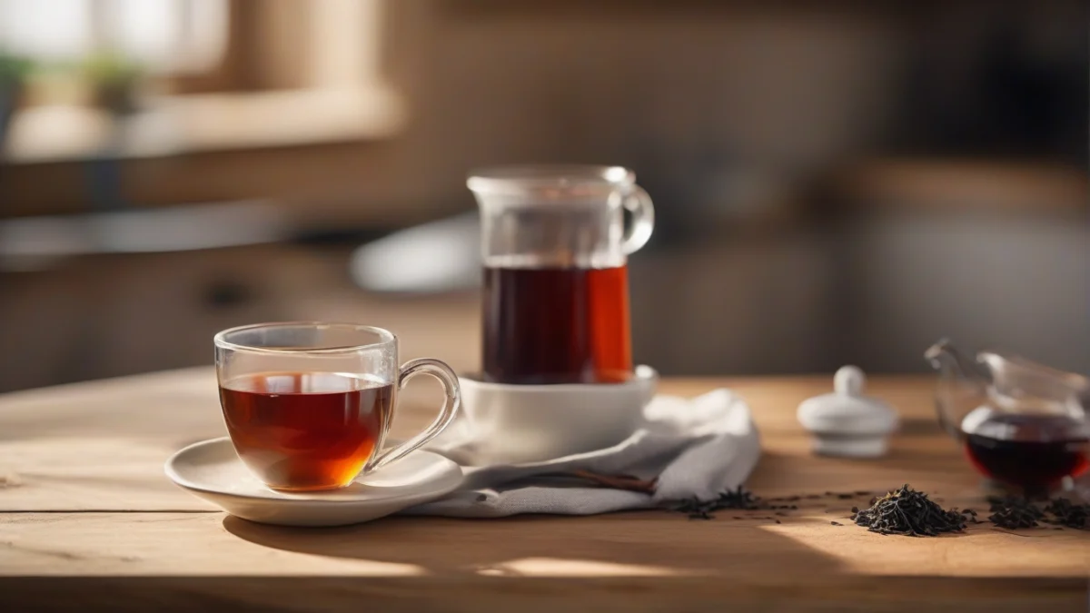 a clear cup filled with brewed loose leaf black tea steaming hot