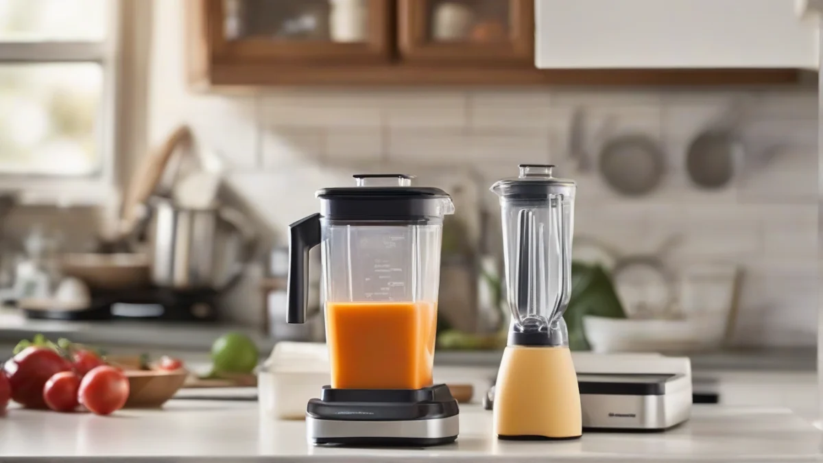 two blender containers, one tall and one low-profile, placed side by side on countertop