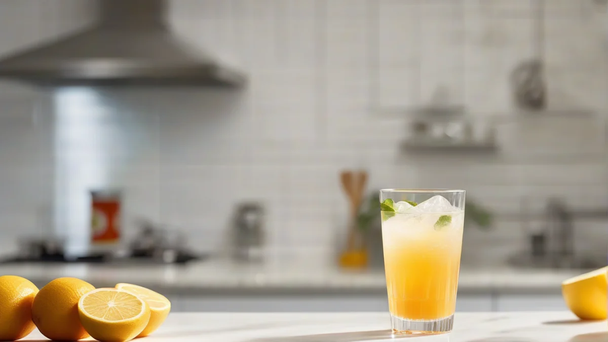 a clear glass filled with a transparent electrolyte drink on a white countertop