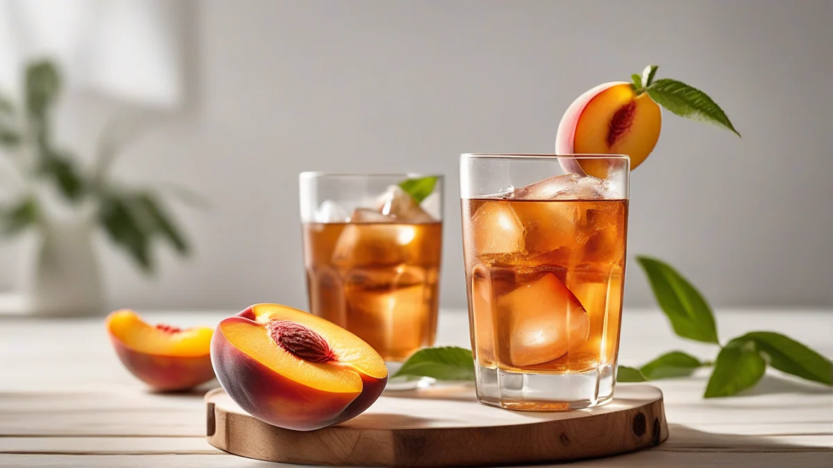 clear glass filled with amber peach tea and ice cubes on wooden surface