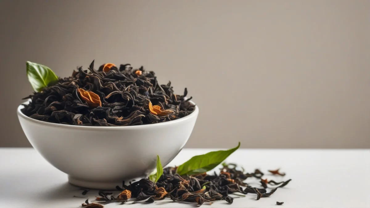 small bowl filled with loose black tea leaves on plain surface